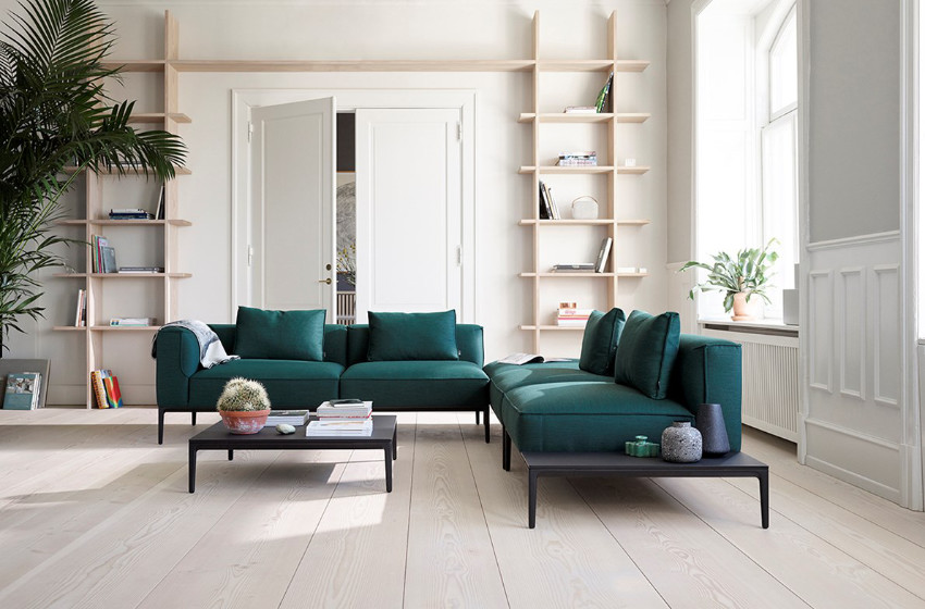 The Oran sofa from Allermuir shown finished in Green fabric
                in a 2x2 + corner table configuration