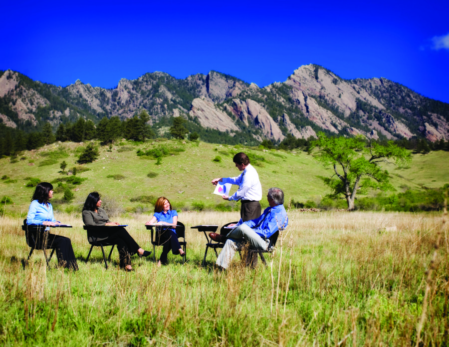 An office presentation being given in a lush open field -
                (Photo by Office Now)