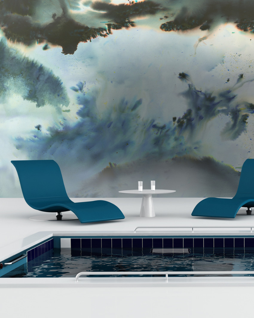Tecktura - Cloudburst Thunder as designed by Custhom -
                shows wallpaper in-situ by an indoor pool setting with blue
                deckchairs.